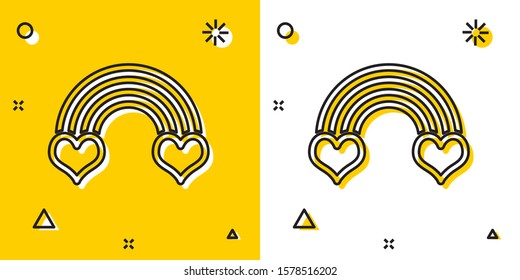 Black Rainbow with heart icon isolated on yellow and white background. Random dynamic shapes. Vector Illustration