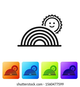 Black Rainbow with sun icon isolated on white background. Set icons in color square buttons. Vector Illustration