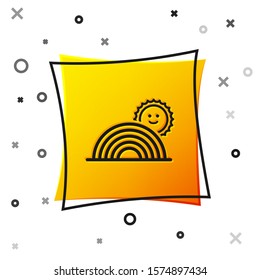 Black Rainbow with sun icon isolated on white background. Yellow square button. Vector Illustration