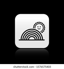 Black Rainbow with sun icon isolated on black background. Silver square button. Vector Illustration