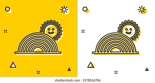 Black Rainbow with sun icon isolated on yellow and white background. Random dynamic shapes. Vector Illustration