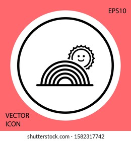 Black Rainbow with sun icon isolated on red background. White circle button. Vector Illustration
