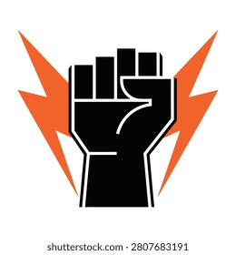 A black raised fist with orange lightning bolts on a white background, symbolizing power, energy, and resistance