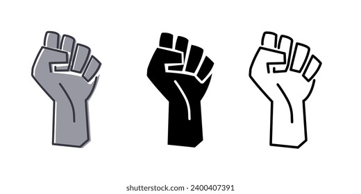 Black raised fist protest symbol icons. Hands clenched power symbol. Black lives important protest. Vector illustration