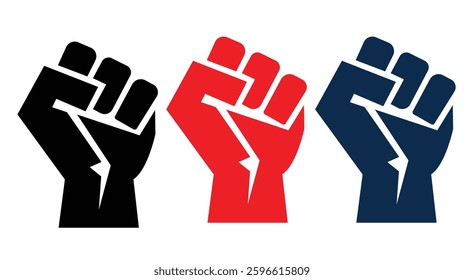 Black raised fist protest symbol icons. Hands clenched power symbol. Black lives important protest