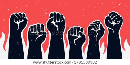 Black raised up hands with flames of fire on red background. Vector illustration related to mass protest, demonstration, manifestation topics. 