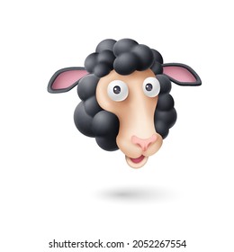 Black Ram Head with Curls. Funny Sheep or Ram on White Background. Cartoon Illustration for Funny Animals for Kids Book