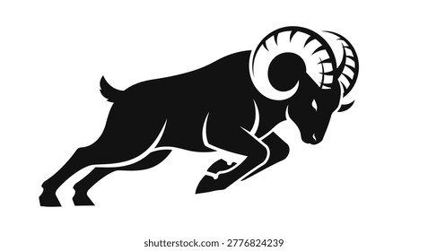 A black ram with large horns running