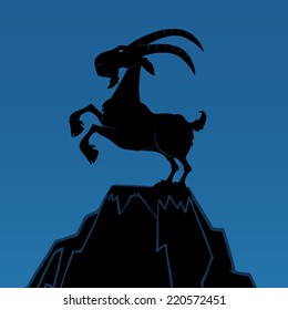 Black Ram Monochrome On Top Of A Mountain Peak On Blue Background