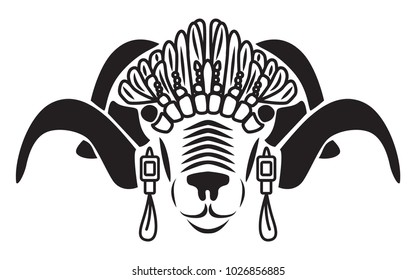 Black ram/ sheep decorating with feathers and ear rings on white background. 