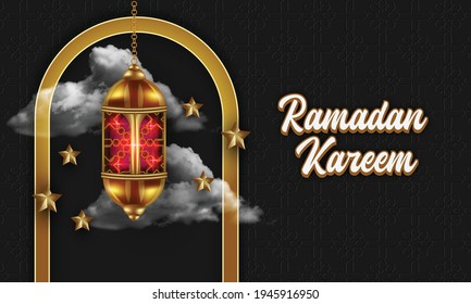 black ramadan kareem text greeting with islamic gold lantern and cloud background