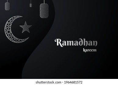 Black Ramadan Kareem Vector Card with 3d Silver Crescent and Star for Muslim Holy Month Celebration