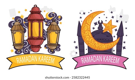 Black Ramadan lanterns. Famous line lantern, Arabic lamps silhouettes vintage Egyptian Moroccan Dubai eastern lamp for Islamic mosque or Arabian lighting, vector illustration of lantern to Ramadan