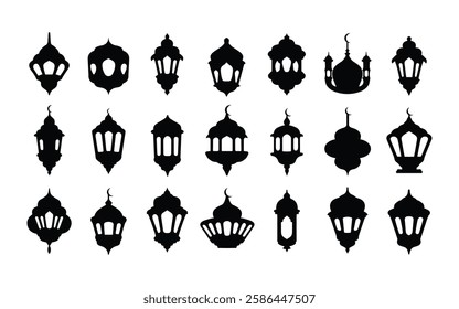 Black ramadan lanterns. Famous line lantern, arabic lamps silhouettes vintage egyptian moroccan dubai eastern lamp for islamic mosque or arabian lighting, vector illustration of lantern 