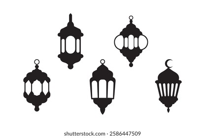 Black ramadan lanterns. Famous line lantern, arabic lamps silhouettes vintage egyptian moroccan dubai eastern lamp for islamic mosque or arabian lighting, vector illustration of lantern 