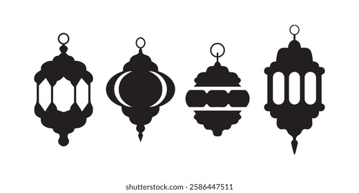 Black ramadan lanterns. Famous line lantern, arabic lamps silhouettes vintage egyptian moroccan dubai eastern lamp for islamic mosque or arabian lighting, vector illustration of lantern 