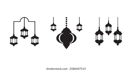 Black ramadan lanterns. Famous line lantern, arabic lamps silhouettes vintage egyptian moroccan dubai eastern lamp for islamic mosque or arabian lighting, vector illustration of lantern 