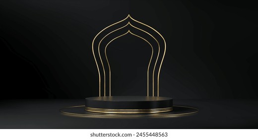 Black Ramadan podium with golden islamic arch. Vector elegant background for events and presentations. Round stage or platform in arab muslim style for cosmetics showcase, exhibition and products ads