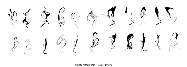 Black random abstract shapes of curved lines. Space distortion optical illusion, Dynamic fluid lines vector elements.