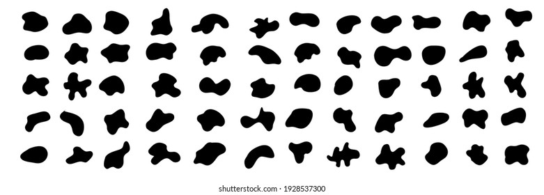 Black random abstract shapes of spots, drops, blot, stone. Vector elements liquid forms, liquid dynamic forms.