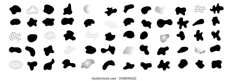 Black random abstract shapes of spots, drops, blot, stone. Vector elements liquid forms, liquid dynamic forms.