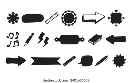 Formas aleatorias negras silueta emblemas planos y elementos de diseño fijados sobre fondo blanco