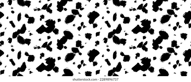 Black random spots vector seamless pattern. Brush irregular black smears, seamless horizontal banner. Spotted cow or dalmatian skin ornament. Irregular abstract texture with hand drawn spots svg