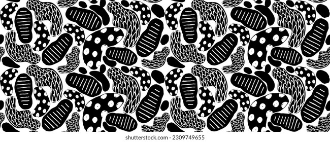 Black random spots vector seamless pattern. Brush irregular black smears, seamless horizontal banner. Spotted cow skin ornament. Irregular abstract texture with hand drawn spots