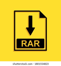 Icono de documento de archivo RAR negro. Descargar icono del botón RAR aislado en el fondo amarillo. Estilo de sombra larga. Vector.