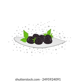 Black raspberries on a plate with sparkling stars vector design illustration. Black raspberry with leaves vectors in cartoon style. Food menu. illustration for kids, children book. Cute, unique.