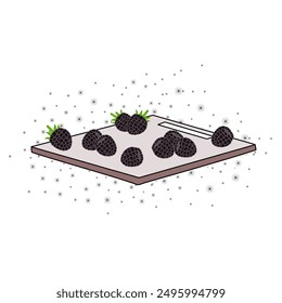 Black raspberry fruit on cutting board with grey sparkling stars graphic vector design. Children book page, kids fairy tale books. cute illustration isolated on white background in cartoon style