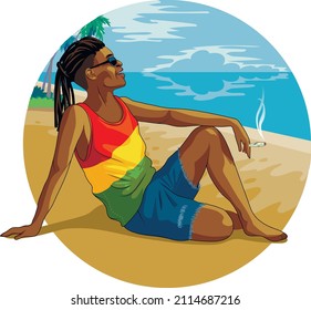 A black rastaman guy, dreadlock, in red-yellow-green T-shirt and sunglasses, sits on Jamaica beach and smokes blunt. Vector illustration.