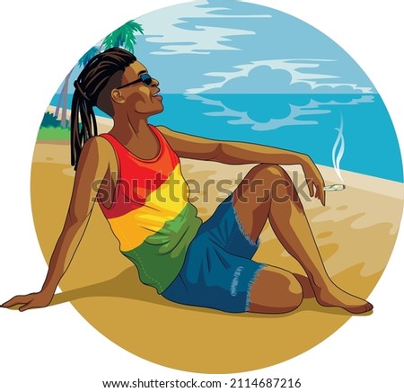 A black rastaman guy, dreadlock, in red-yellow-green T-shirt and sunglasses, sits on Jamaica beach and smokes blunt. Vector illustration.