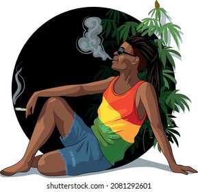 A black rastaman guy with dreadlocks and a tricolor T-shirt, smoking a cannabis cigarette. On the background of hemp leaves. Vector graphics.