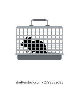 Black rat silhouette inside a gray wire transport cage. A black silhouette of a rat sitting inside a gray metallic wire cage with a carry handle. Ideal for veterinary, laboratory research, or pest control articles.
