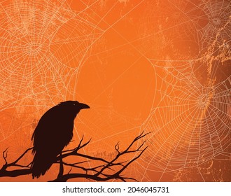 black raven bird, bare tree branches and spider web against shabby orange background - halloween theme vector copy space backdrop design