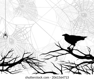 pájaro travieso negro, ramas de árbol desnudo y fondo de telaraña - tema de halloween diseño de fondo del espacio de copia vectorial