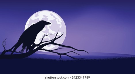 black raven bird, bare tree branches and rising full moon background - halloween night theme vector copy space backdrop design