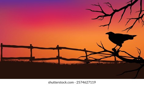 black raven bird, bare tree branches and countryside wooden fence at sunset - halloween evening theme vector copy space background