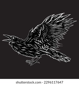 Black raven bird, hand-drawing. Vector illustration