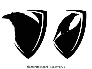 black raven bird and heraldic shield black and white vector outline set