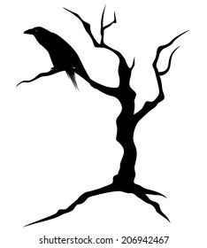 black raven bird sitting on the bare twisted tree - ominous silhouette for Halloween theme design
