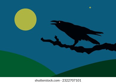 Black raven bird sitting on tree branch, moon night. halloween theme vector silhouette design