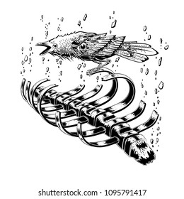 black raven bird stay on rib skeleton. crow bird. broken stone floating on sky. anatomy art. illustration vector. tattoo design.