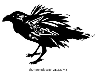 Black raven bird tribal design - vector decorative animal on white
