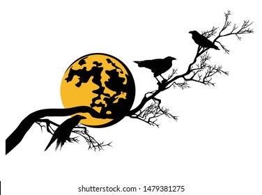 black raven birds sitting on long bare tree branch under full moon - halloween theme vector silhouette decor