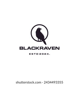 Black raven in the circle logo design on isolated background