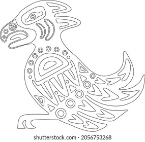 Black raven with colorful abstract pattern on body, vector illustration in zentangle style. Totem bird. For design of a coloring book. isolated illustration.