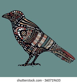 Black raven with colorful abstract pattern on body. Totem bird with indigenous painting in trendy style. Sketch of ornamental crow for tattoo, poster, print, t-shirt. Vector isolated illustration.