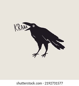 Black Raven or Crow bird. Side view. Cartoon style, flat design. Halloween, horror concept. Hand drawn trendy isolated Vector illustration. Logo, print, design template